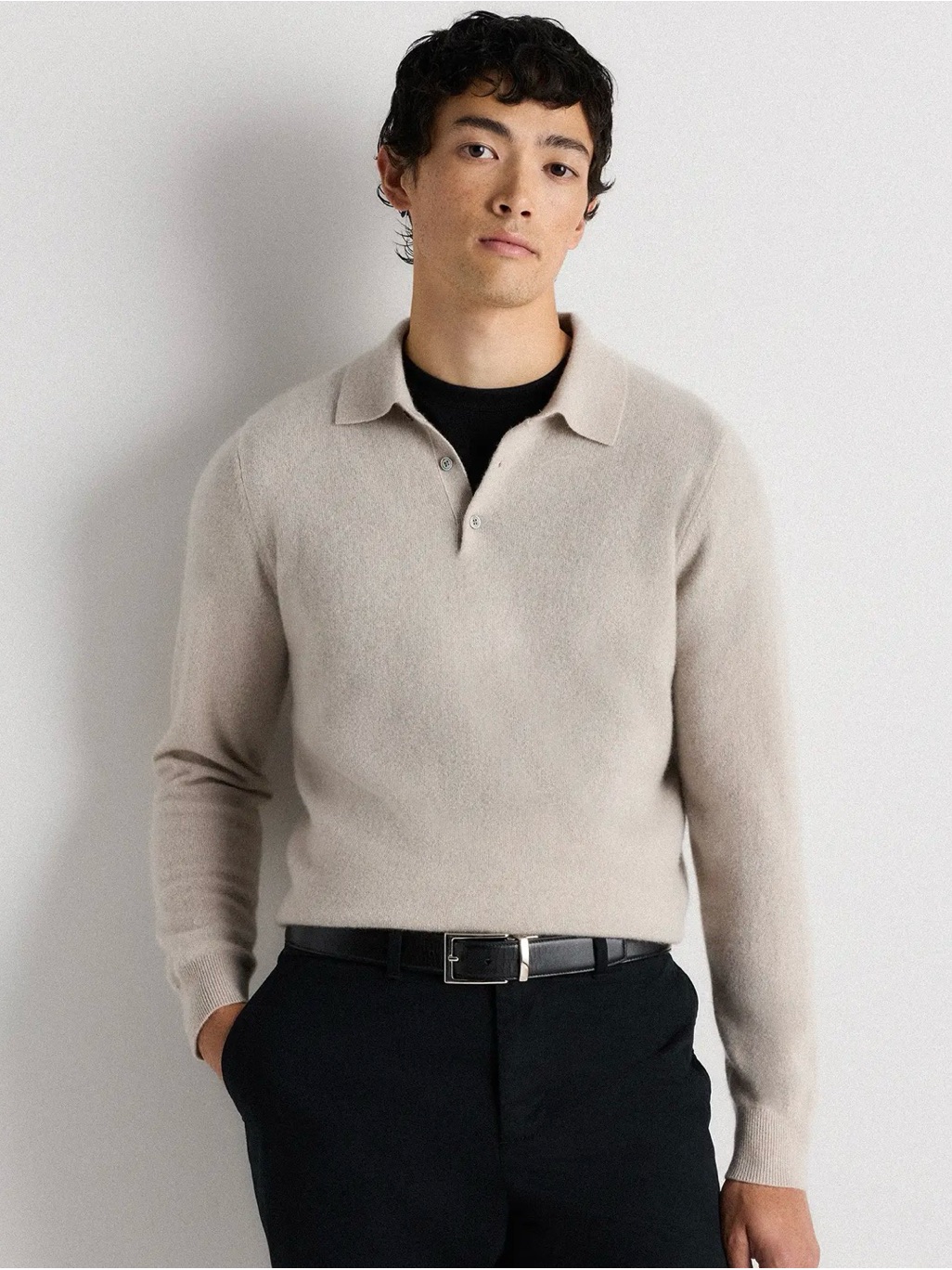 Quince Mongolian Cashmere Polo Sweater Heather Cloud Beige